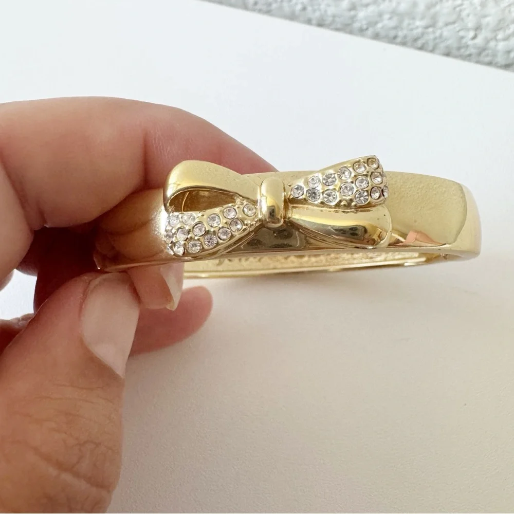 Betsey Johnson Gold Hinged Rhinestone Bow Bangle Bracelet